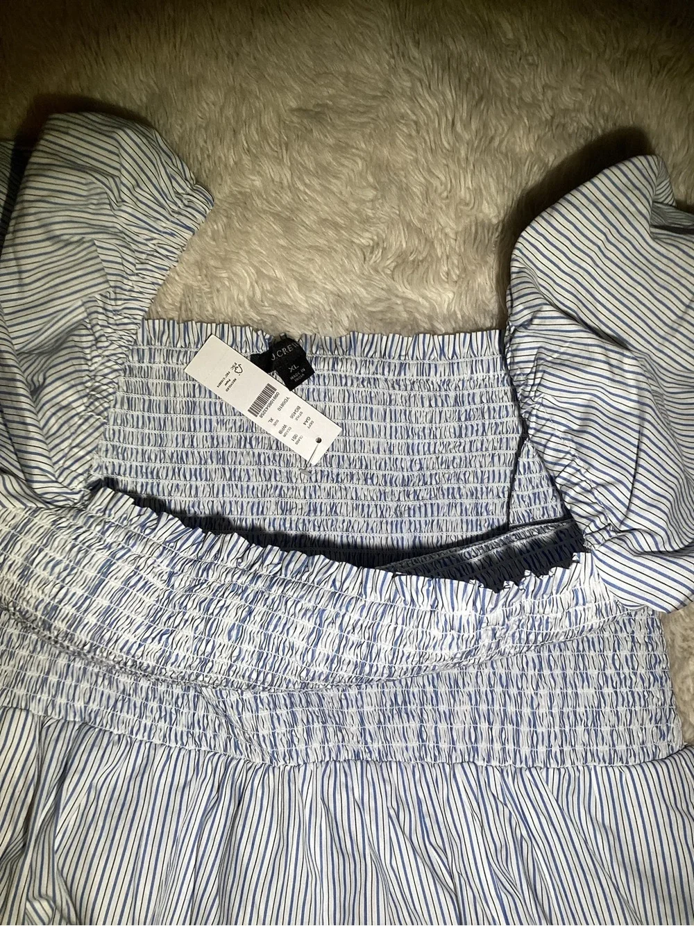 J. Crew women’s Smocked Square-Neck Midi Light Blue Stripe dress size XL